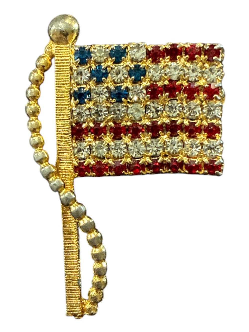 Vintage Gold-Tone Patriotic Red White Blue Rhinestone Flag Brooch